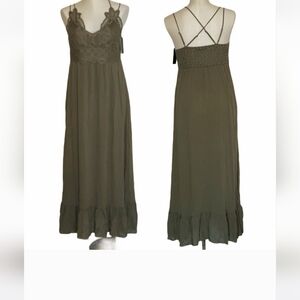 Faded Rose Army Green Lace Top Strech Back Adjustable Straps Maxi Dress S